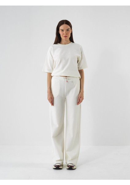 Kadın Ekru Pamuk Dokulu Oversize Sweat Pantolon