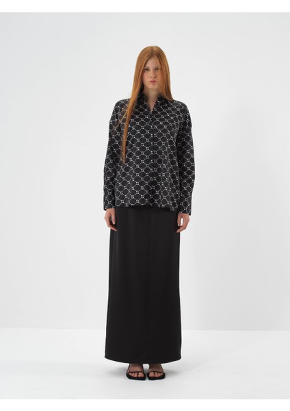 Kadın Siyah Ipeksi Saten Oversize Gömlek