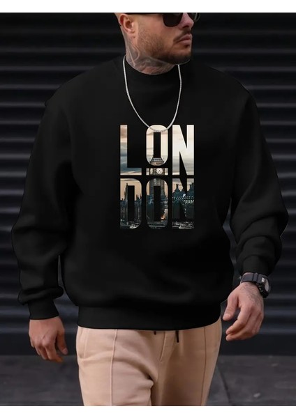 Erkek Uzun Kollu Bisiklet Yaka London Logo Baskılı Iki Iplik Bluz