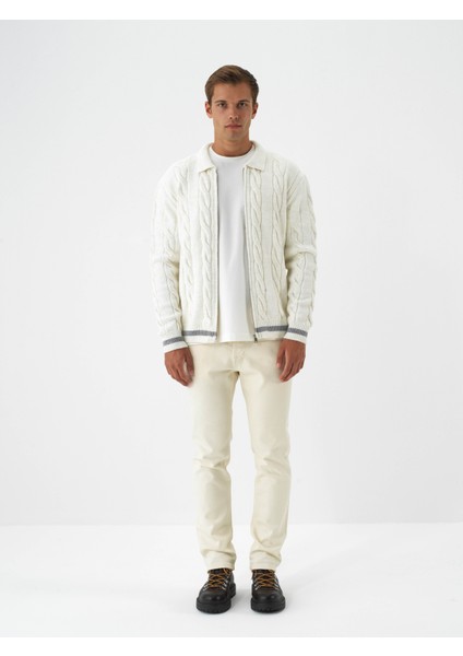 Erkek Ekru Doğal Yün Dokulu Regular Fit Hırka