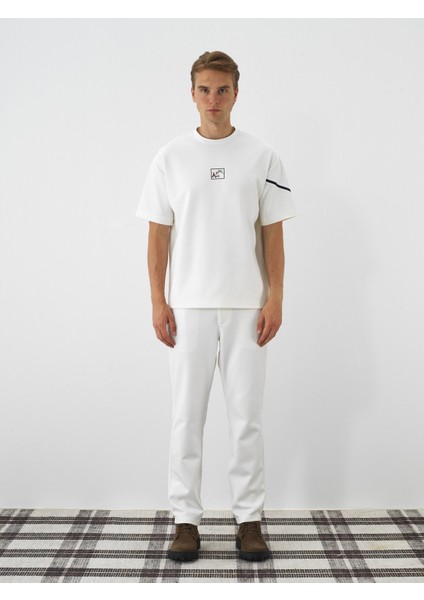 Erkek Ekru Esnek Dokulu Oversize Tişört