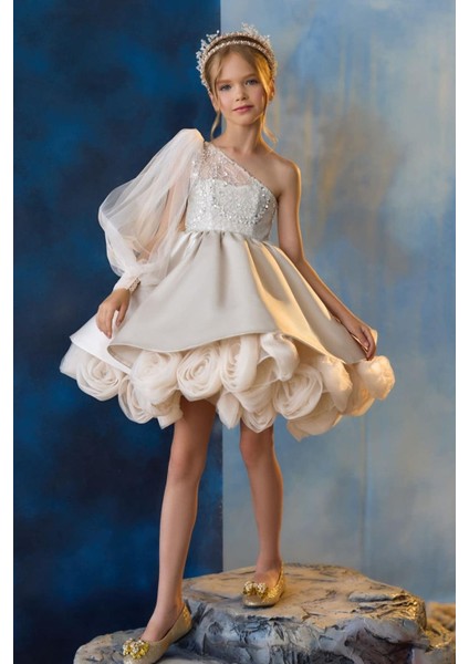 Kız Çocuk Abiye Gül Detaylı Tek Kol Elbise