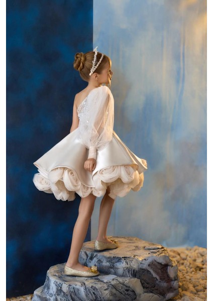 Kız Çocuk Abiye Gül Detaylı Tek Kol Elbise fiyatları