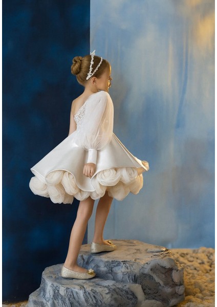 Kız Çocuk Abiye Gül Detaylı Tek Kol Elbise fiyatları