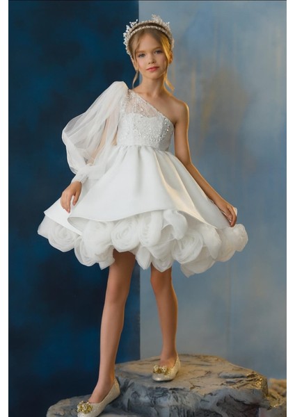 Kız Çocuk Abiye Gül Detaylı Tek Kol Elbise