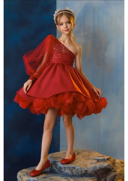 Kız Çocuk Abiye Gül Detaylı Tek Kol Elbise