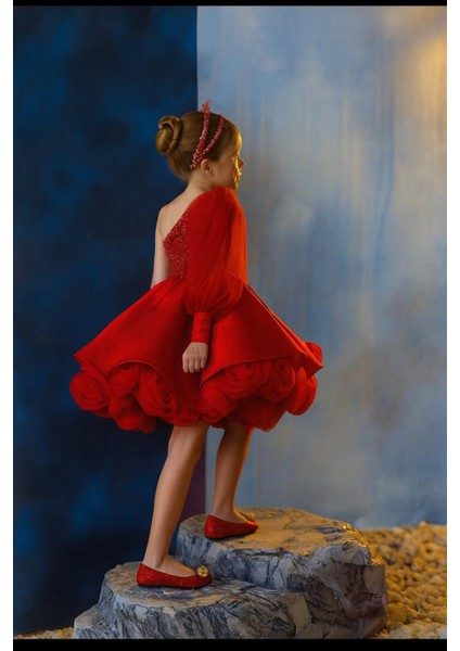 Kız Çocuk Abiye Gül Detaylı Tek Kol Elbise fiyatları