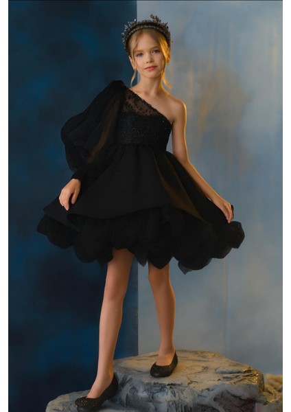 Kız Çocuk Abiye Gül Detaylı Tek Kol Elbise