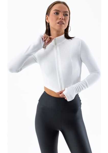 Kadın Dik Yaka Parmak Geçirmeli Fermuarlı Crop Sweatshirt Beyaz - 26K 1776 fırsatları