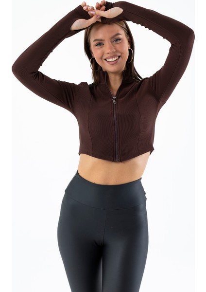 Kadın Dik Yaka Parmak Geçirmeli Fermuarlı Crop Sweatshirt Kahverengi - 26K 1776 fiyatları