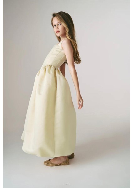 Kız Çocuk Abiye Kare Yaka Balon Etekli Uzun Elbise