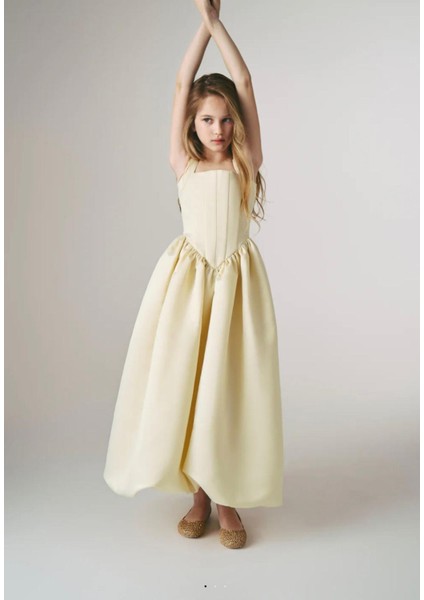 Kız Çocuk Abiye Kare Yaka Balon Etekli Uzun Elbise fiyatları