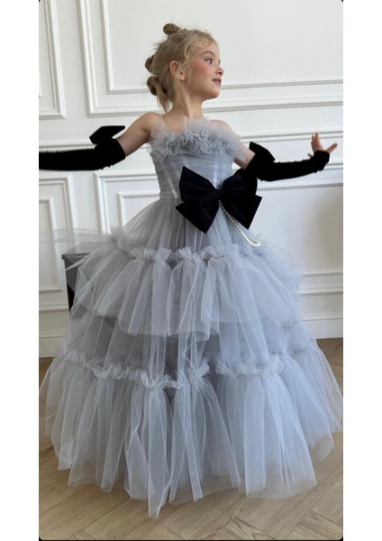 Kız Çocuk Abiye Inci Fiyonk Detaylı Tül Elbise