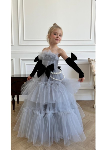 Kız Çocuk Abiye Inci Fiyonk Detaylı Tül Elbise fiyatları