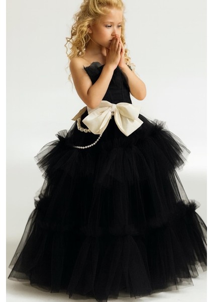 Kız Çocuk Abiye Inci Fiyonk Detaylı Tül Elbise