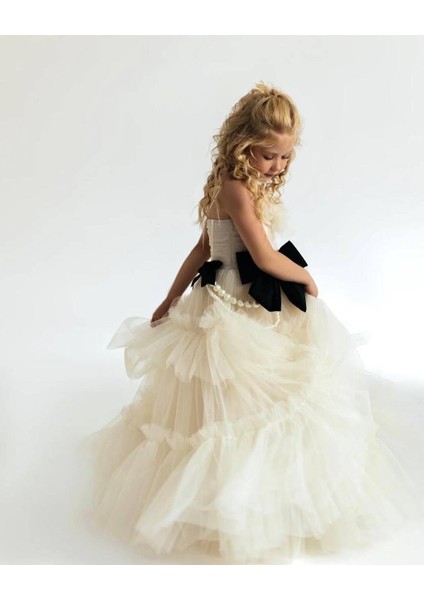 Kız Çocuk Abiye Inci Fiyonk Detaylı Tül Elbise