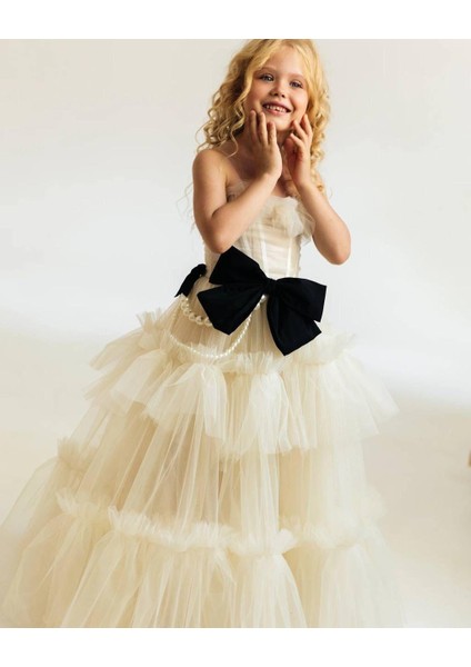 Kız Çocuk Abiye Inci Fiyonk Detaylı Tül Elbise fiyatları