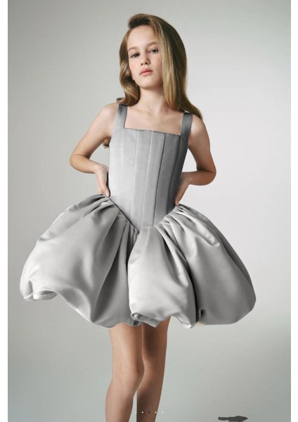 Kız Çocuk Abiye Kare Yaka Balon Etekli Elbise