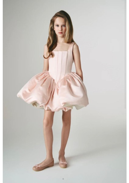 Kız Çocuk Abiye Kare Yaka Balon Etekli Elbise