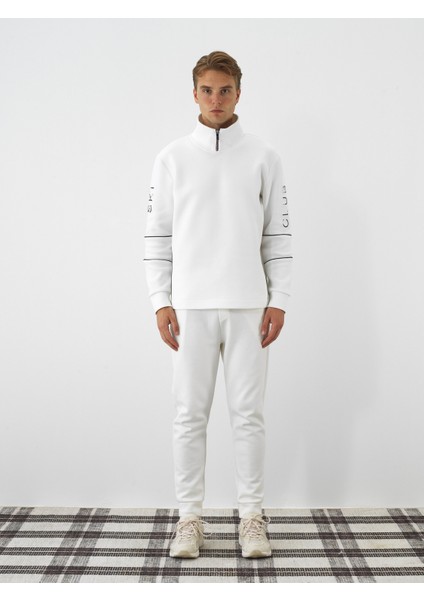 Erkek Ekru Pamuk Dokulu Regular Fit Sweatshirt