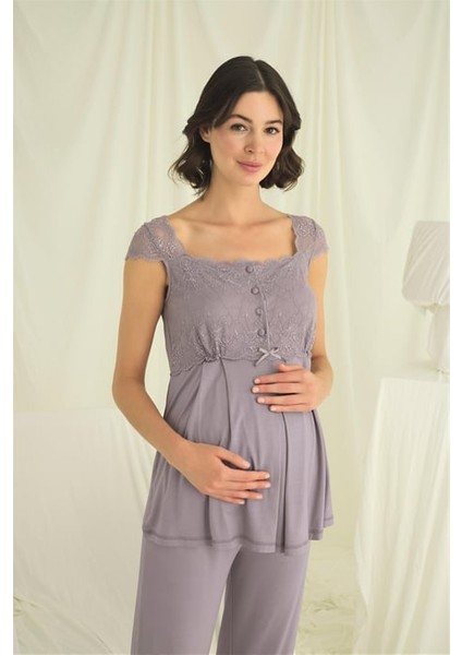 Monamise Dantelli Önü Düğmeli Hamile Lohusa 3'lü Pijama Takımı