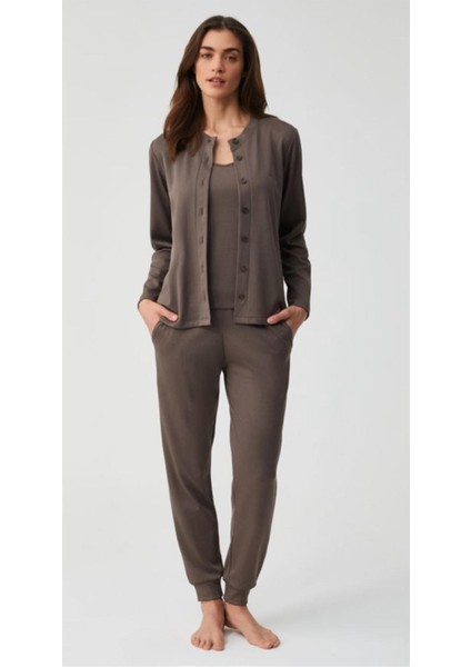 Penye Mood Bayan Hırkalı 3'lü Içi Şardonlu Pijama Takımı PM9931