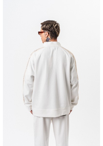 Erkek 7 Şerit Detaylı Dik Yaka Doubleface Zip Oversize Sweatshirt Ekru modelleri
