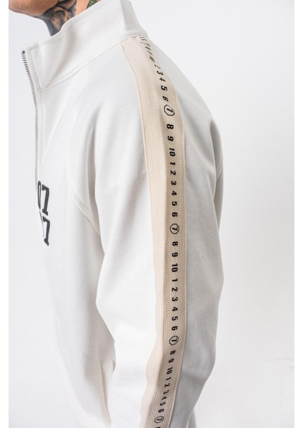 Erkek 7 Şerit Detaylı Dik Yaka Doubleface Zip Oversize Sweatshirt Ekru fırsatları