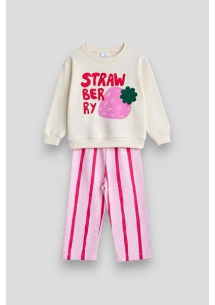 Kız Çocuk Pamuklu Ekru Strawberry Baskılı Sweatshirt ve Pembe Çizgili Pantolon Takım