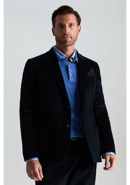 Pamuk Karışımlı Çizgi Desen Lacivert Kadife Blazer Ceket