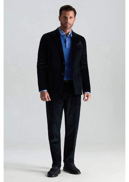 Pamuk Karışımlı Çizgi Desen Lacivert Kadife Blazer Ceket fiyatları