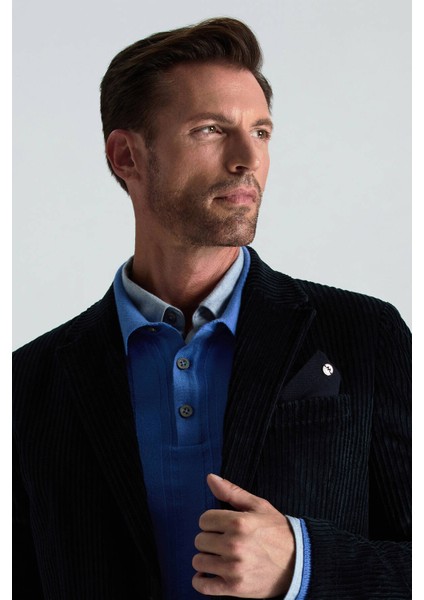 Pamuk Karışımlı Çizgi Desen Lacivert Kadife Blazer Ceket modelleri