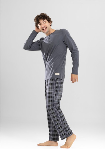 Erkek Pamuklu Bisiklet Yaka Baskılı Uzun Kollu Pijama Takımı 9804 Gri