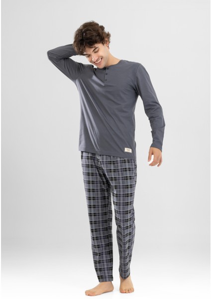 Erkek Pamuklu Bisiklet Yaka Baskılı Uzun Kollu Pijama Takımı 9804 Gri fiyatları