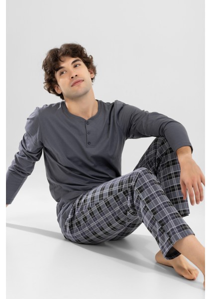 Erkek Pamuklu Bisiklet Yaka Baskılı Uzun Kollu Pijama Takımı 9804 Gri modelleri