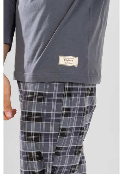 Erkek Pamuklu Bisiklet Yaka Baskılı Uzun Kollu Pijama Takımı 9804 Gri fırsatları