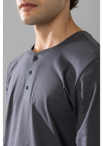 Erkek Pamuklu Bisiklet Yaka Baskılı Uzun Kollu Pijama Takımı 9804 Gri indirimleri