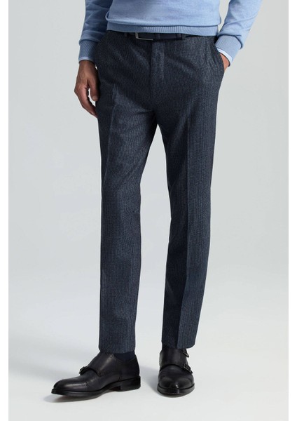 Yün Kaşmir Karışım Koyu Mavi Chino Flanel Pantolon