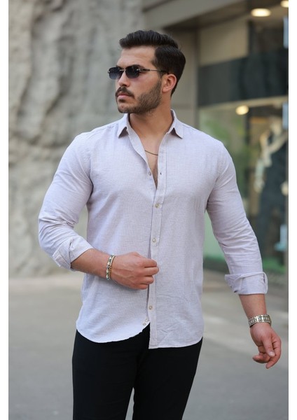 Erkek Çizgi Desenli Uzun Kollu Pamuklu Keten Gömlek