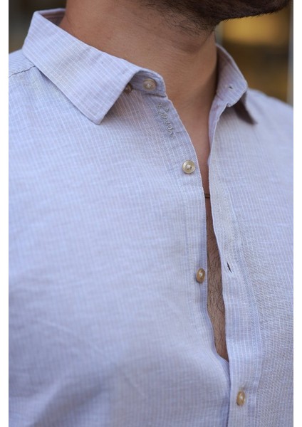 Erkek Çizgi Desenli Uzun Kollu Pamuklu Keten Gömlek modelleri