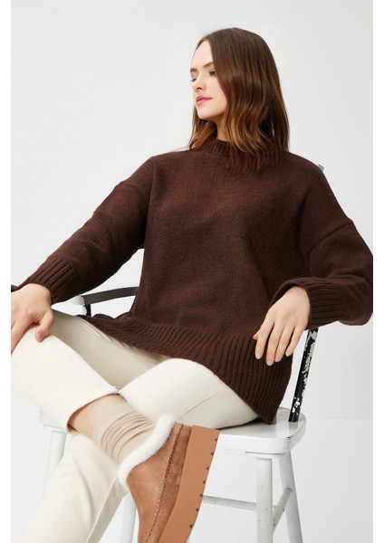 Kadın Homy Yumuşacık Bisiklet Yaka Kahverengi Oversize Triko Kazak