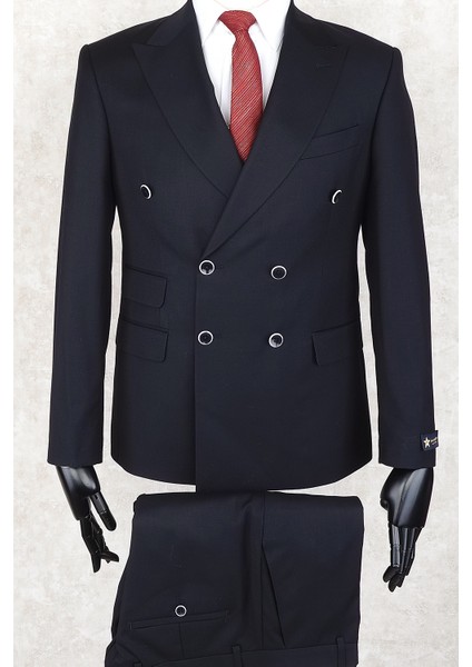 Slim Fit Geniş Sivri Yaka-Çift Yırtmaç Lacivert Çift Cep Kruvaze Drop 6 Takım Elbise