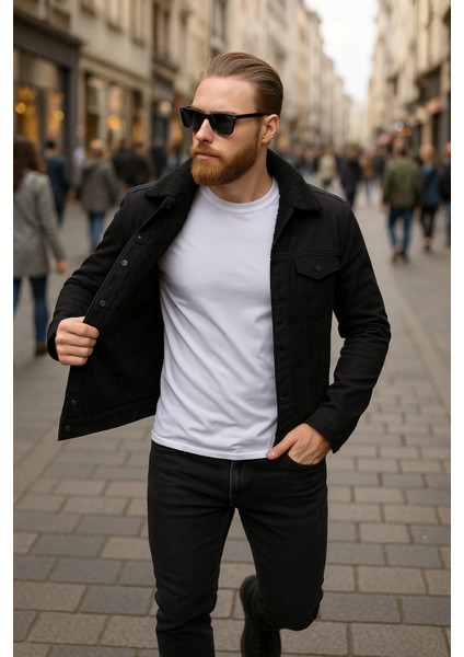 Siyah Renk İçi Siyah Kürklü Erkek Kot Mont