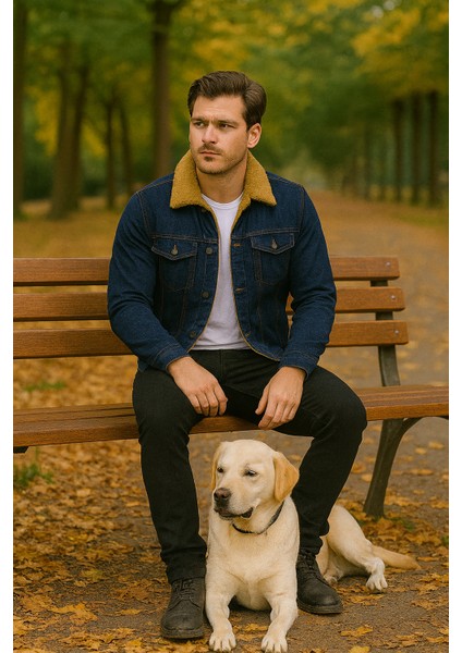 Koyu Lacivert Renk Hardal Kürklü Kot Mont