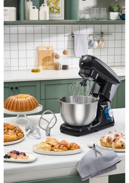 1900W Stand Mikser, 5,5 Lt, Çok Fonksiyonlu, Siyah, Kıyma ve Köfte Aparatı