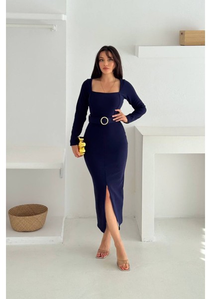 Kadın Kare Yaka Yırtmaç Detaylı Kemerli Midi Elbise NBK4317