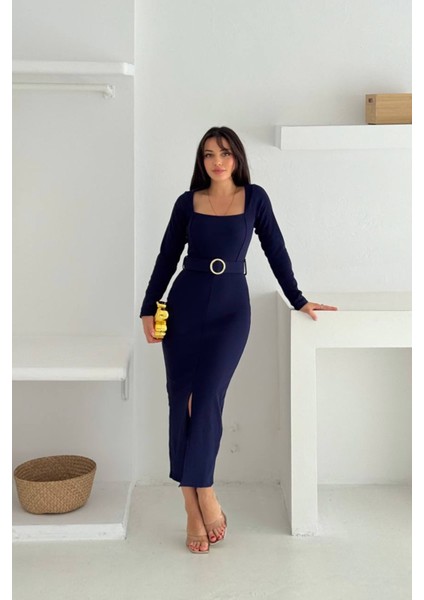 Kadın Kare Yaka Yırtmaç Detaylı Kemerli Midi Elbise NBK4317 fiyatları