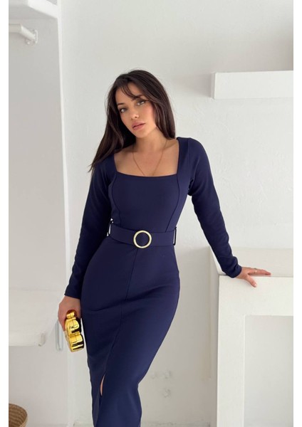 Kadın Kare Yaka Yırtmaç Detaylı Kemerli Midi Elbise NBK4317 modelleri