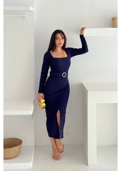 Kadın Kare Yaka Yırtmaç Detaylı Kemerli Midi Elbise NBK4317 fırsatları