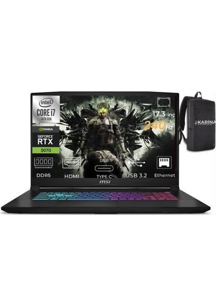 Msı Katana 17 Hx I7-14650HX B14WGK-047XTR-12 64GB 2tb RTX5070 8gb Freedos 17.3 Qhd 240Hz Gaming Laptop